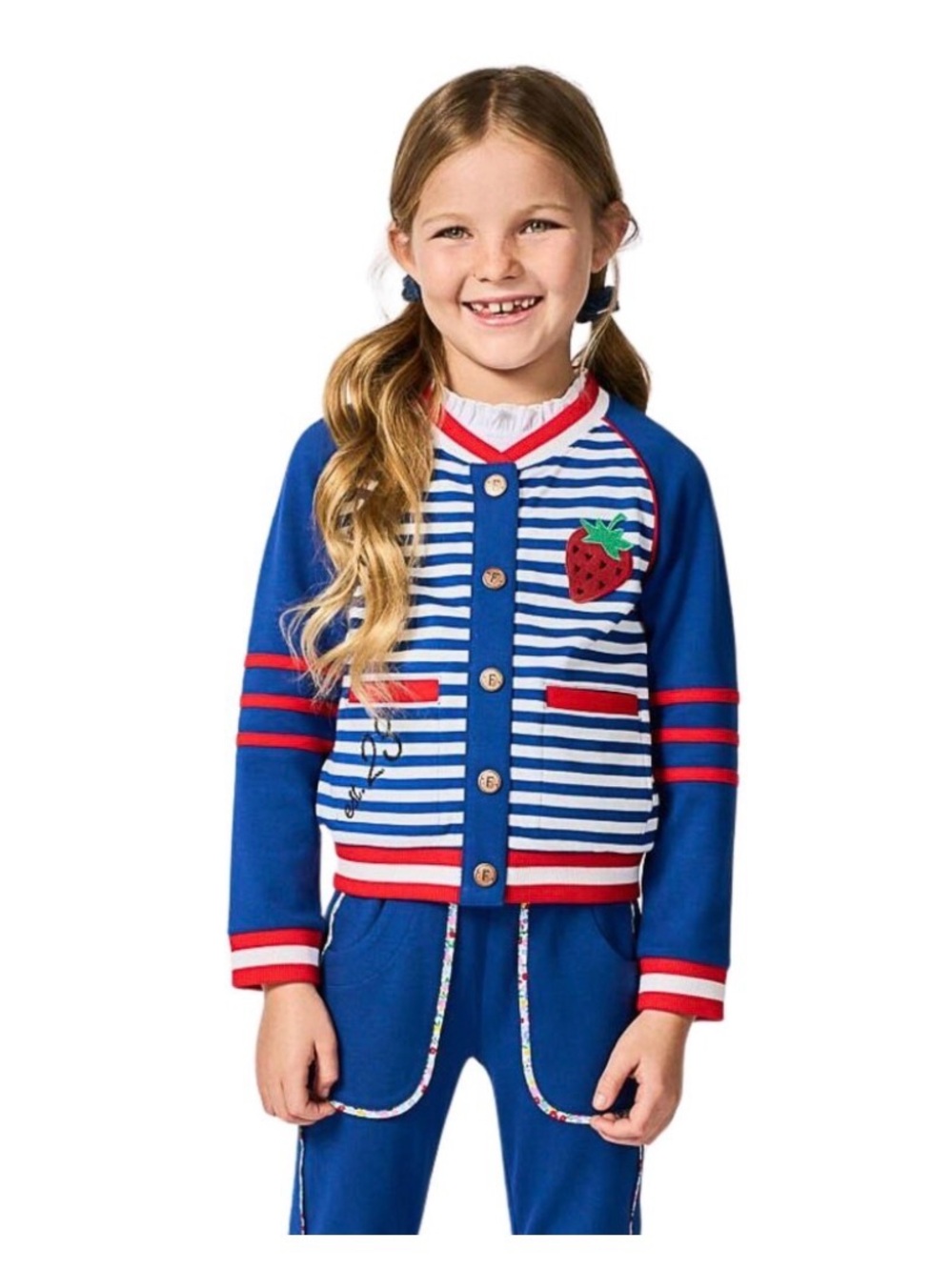 Finding Foxtale Girls Varsity Bomber Jacket Navy Red Stripes Strawberry - size 8
